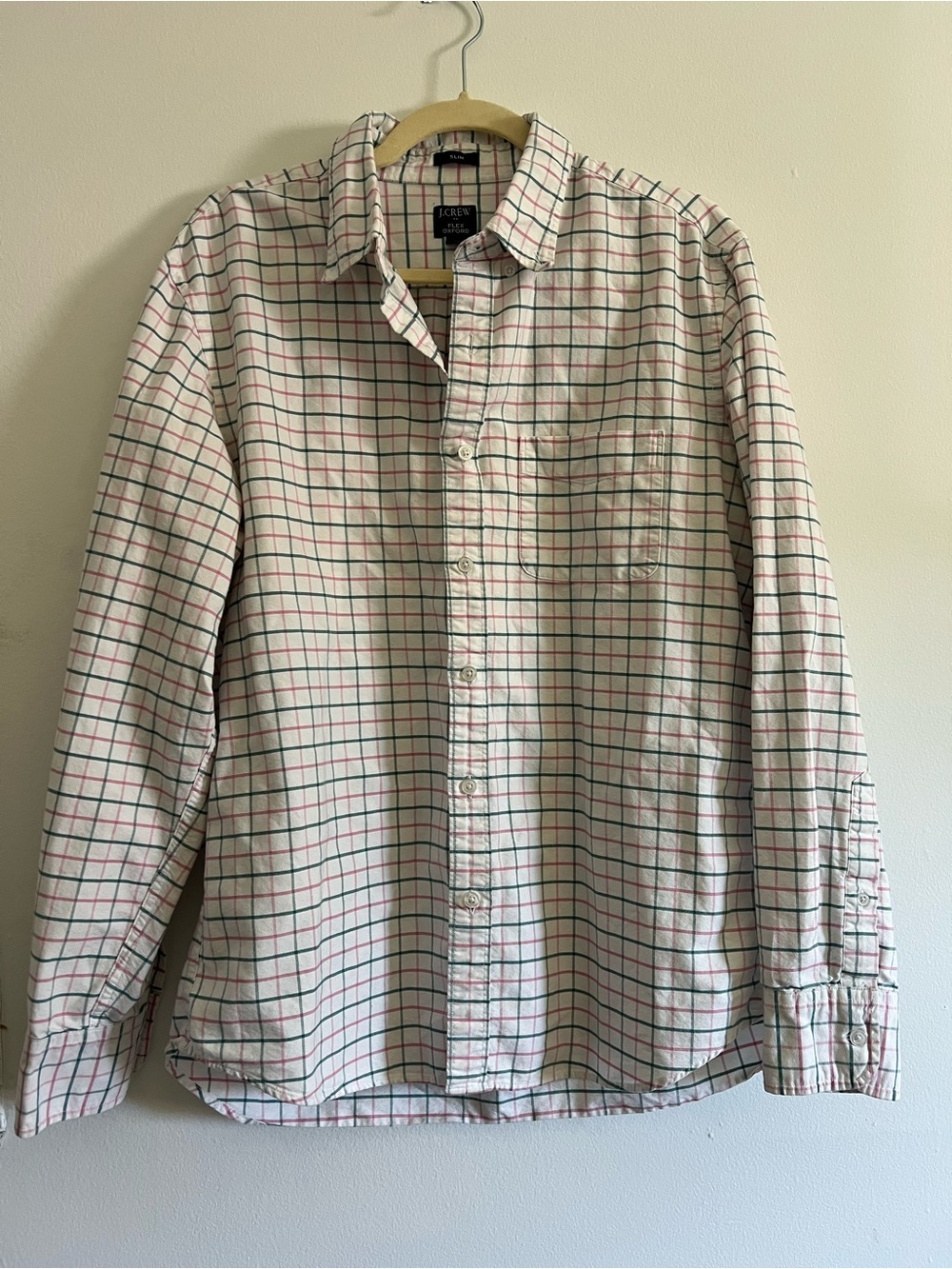 J. Crew White Long-Sleeve Plaid Button-Down Shirt with Green & Red Lines